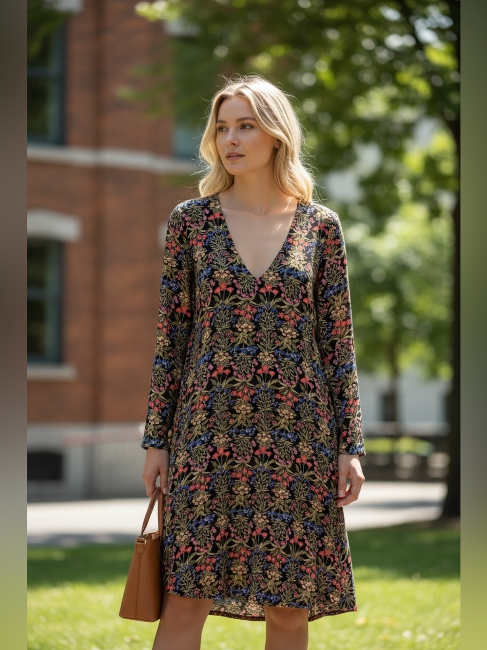 Old Navy Black V-Neck Long Sleeve Dress with Multicolor Floral Print